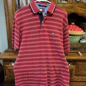 Tommy Hilfiger Men's Polo Shirt Size Medium Red Blue And White Stripe TH Logo